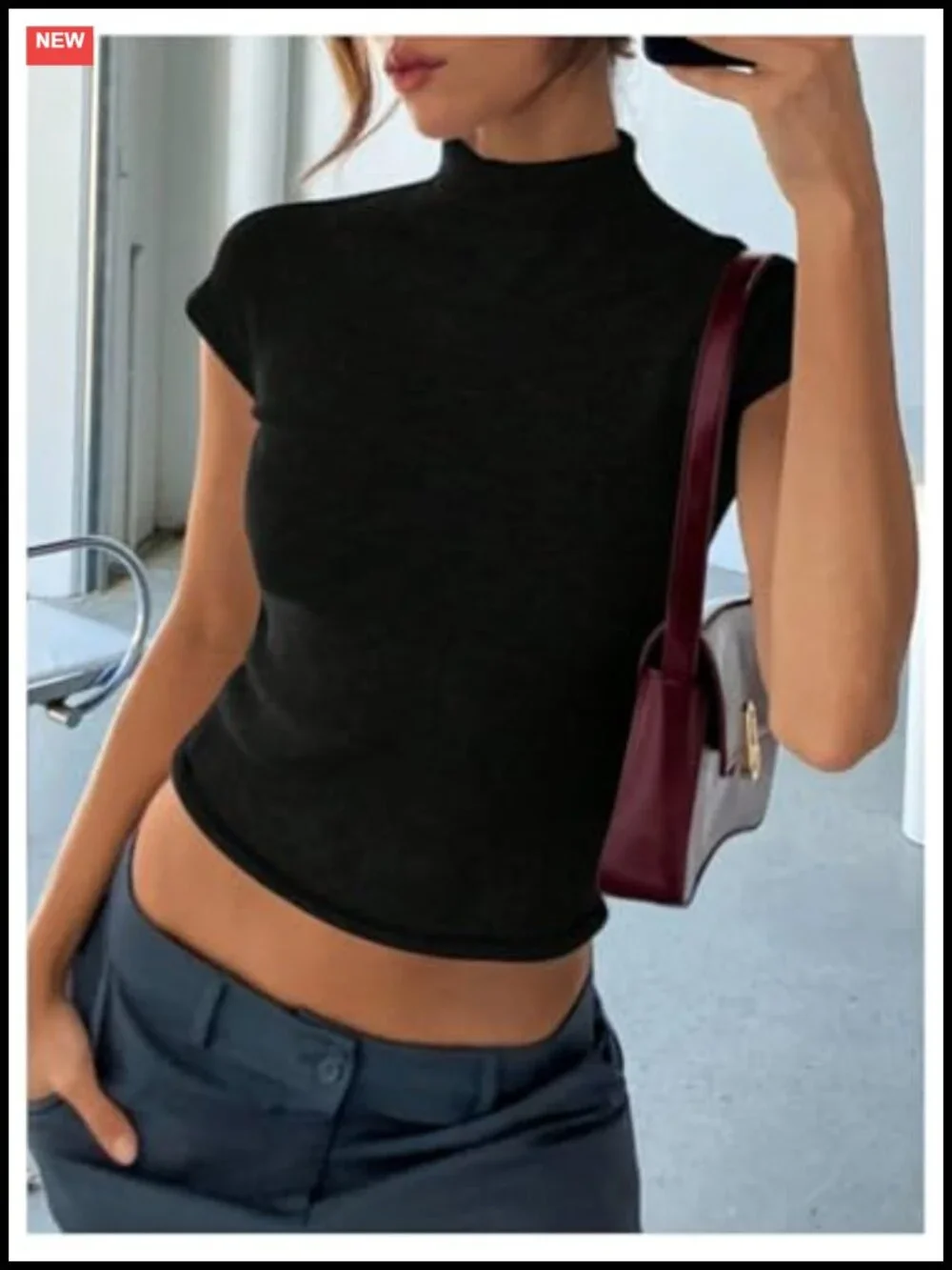 Women's Short Sleeve Turtleneck Sweater Cropped Knit Top Lightweight